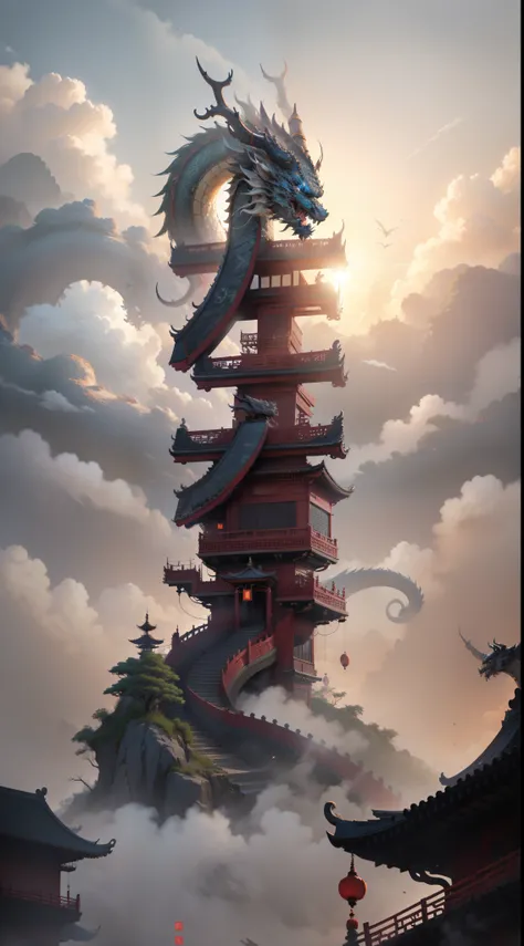 The flying dragon hovers over the Chinese-style building，soybean，totem，tmasterpiece，Intricate patterns on buildings，Chinese elements，tmasterpiece，Best quality，ultra - detailed。