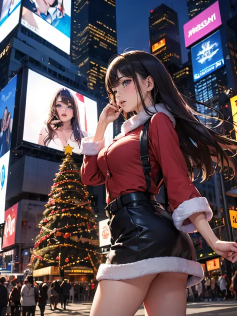 (((a woman is in front of the giant digital billboard at Times Square on Christmas day, all of giant digital billboard is broadcasting the same video about her sexy show))), ((winter clothes with Christmas colors)), looking away, angle from below, (droopin...