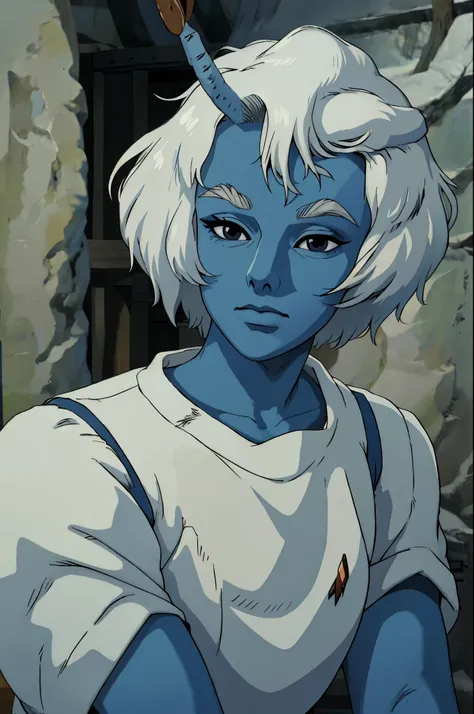 ghibli style andorian
blue skin
white hair
antennae
white eyebrows