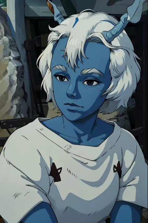 ghibli style andorian
blue skin
white hair
antennae
white eyebrows