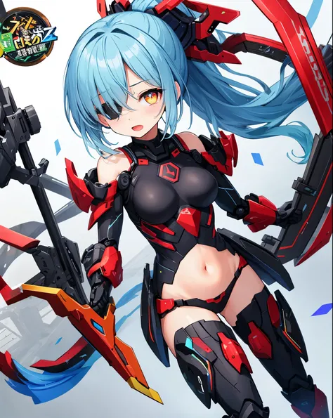 Japanese_anime_style,1small_figure_girl,(loli:1.5), (short_ponytail:1.3), (light_blue_hair:1.3),black_mechanical_armor_parts,white_breasts_parts_red_black_body_suit,bare_shoulder,bare_slender_thighs,medium_breasts,on_the_desk, desk_background,Stinging_eyes...