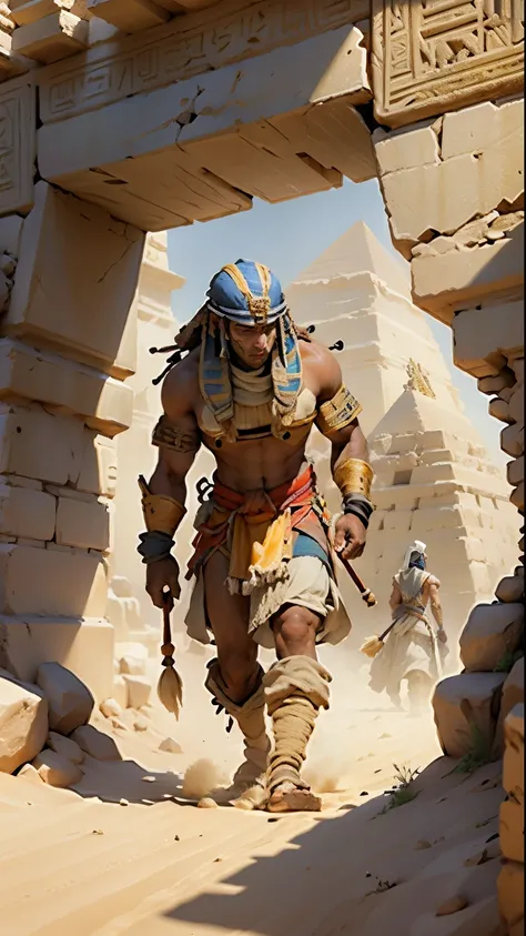 Ancient Egypt, pyramid construction site, sand wind, sandstorm, hard labor