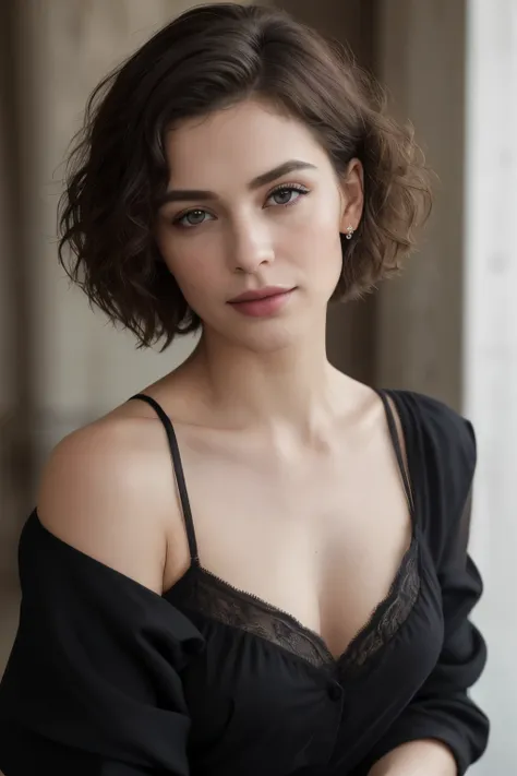 breathtaking cinematic photo of a 30 year old girl with cheveux bruns and yeux bruns, closed-mouth smile, beau lips, intricate d...