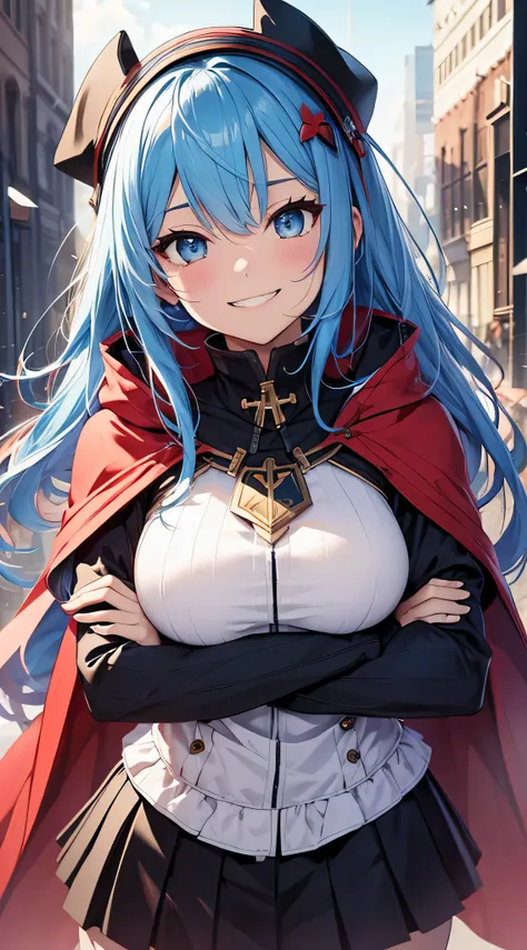 top-quality、Top image quality、​masterpiece、teens girl((sixteen years old、 Ager、Best Bust、big bast,wide open breasts、Beautiful light blue eyerest, multicolored hair、A slender,Large valleys、Reflecting the whole body、Laugh、dye ones cheeks red、Black Hero Suit、...