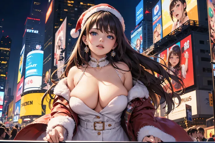 (((a woman is in front of the giant digital billboard at Times Square on Christmas day, all of giant digital billboard is broadcasting the same her sexy video))), ((winter clothes with Christmas colors)), looking away, angle from below, (drooping eyes, sle...