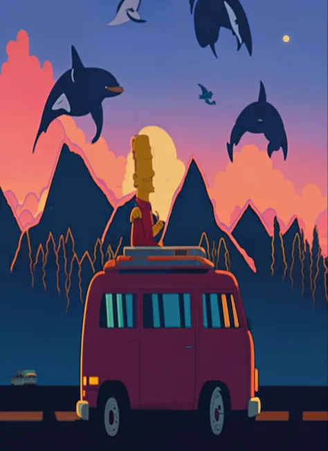 there is a van with a man on top of it with dolphins flying above, official simpsons movie artwork, chillhop, 🪔 🎨;🌞🌄, bart simpson, road trip, style simpsons, by Craig Thompson, simpsons, lofi hip hop, inspired by Trevor Brown, by Adam Paquette, the simpso...