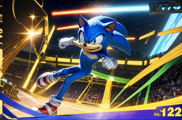 sonic the hedgehog dressed as matersonist with number one stamped on it, win a tournament(cross the finish line) jumping with ha...