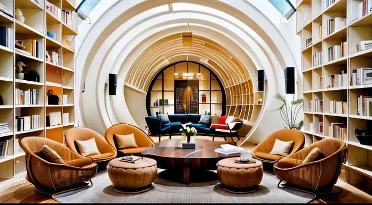 arafed room with a circular bookcase and a couch and chairs, rounded architecture, in style of norman foster, foster and partners, rounded ceiling, by Zha Shibiao, health spa and meditation center, conversation pit, architectural digest, by William Berra, ...