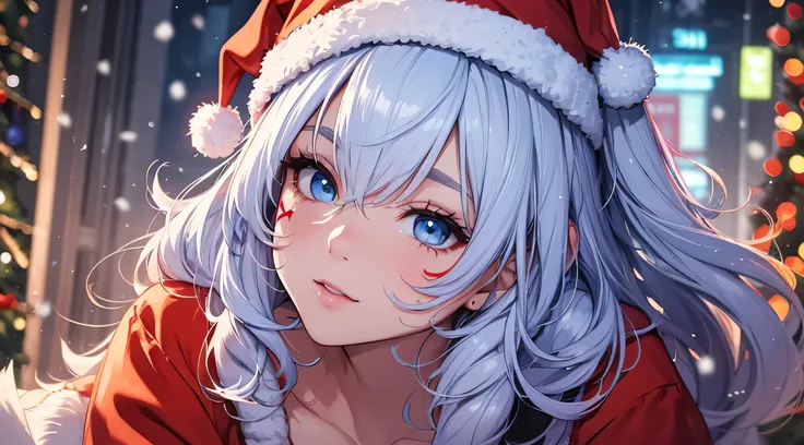 top-quality、Top image quality、​masterpiece、teens girl((Cute Santa Costumes、santa style short skirt、santa style tank top、sixteen years old、 Ager、Best Bust、big bast,wide open breasts、Beautiful light blue eyerest, multicolored hair、A slender,Large valleys、dye...