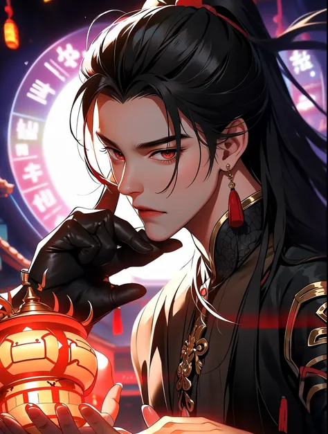 xianxia, 1 boy, malefocus, Alone, black hair color hair, red eyes, Japanese clothes, lightning effects, looking at viewert, Common, upper part of body, Keep ones mouth shut, black Common, Serious, magia, Long gray hair