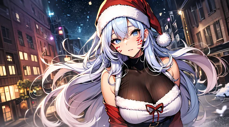 top-quality、Top image quality、​masterpiece、teens girl((Cute Santa Costumes、santa style short skirt、santa style tank top、sixteen years old、 Ager、Best Bust、big bast,wide open breasts、Beautiful light blue eyerest, multicolored hair、A slender,Large valleys、dye...