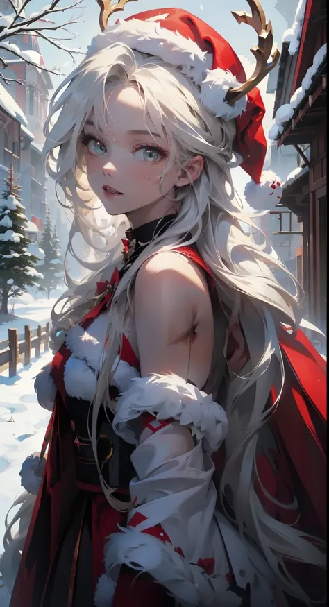 santa hat，red is sexy，white color hair，external，in the snow，reindeer christmas girl，is very beautiful，exquisite and beautiful fa...