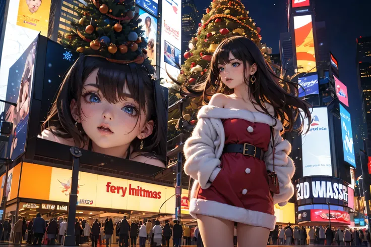 (((a woman is in front of the giant digital billboard at Times Square on Christmas day, all of giant digital billboard is broadcasting the same her underwear ad))), ((winter clothes with Christmas colors)), looking away, angle from below, (drooping eyes, s...