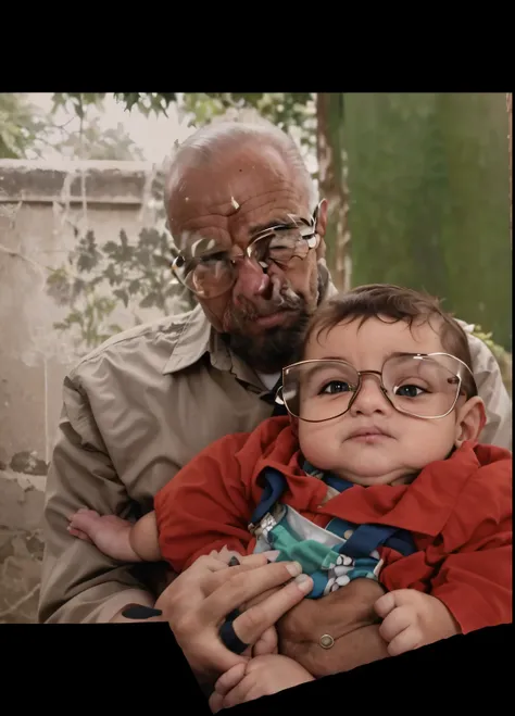 there is a man holding a baby with glasses and a tie, with a kid, ele tem cerca de 8 0 anos de idade, grandfather, Foto realista, Jose Miguel Romano Francisca, Foto tirada com Provia, retrato da vida real, Riyahd Cassiem, foto modo retrato, foto retrato, z...