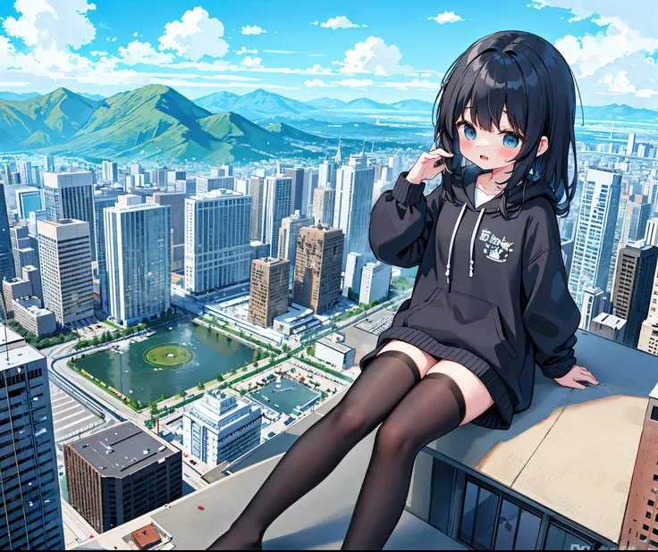 1个girl,sitted，girl，​​clouds，looking over city， mountain ranges， tmasterpiece, Best quality at best, The is very detailed,tmasterpiece,Best quality at best,offcial art,extremely detaild的 CG unified 8k wallpapers，{{{巨大的girl}}}，1个girl，{blackstockings}，modern ...