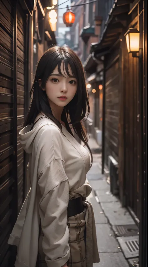 8k, best quality, highres, realistic, real person, A young woman walking down the narrow, secluded alley of a traditional Japanese downtown. Shes dressed in modern, casual clothing, blending seamlessly with the intimate, timeless atmosphere of the alley. A...