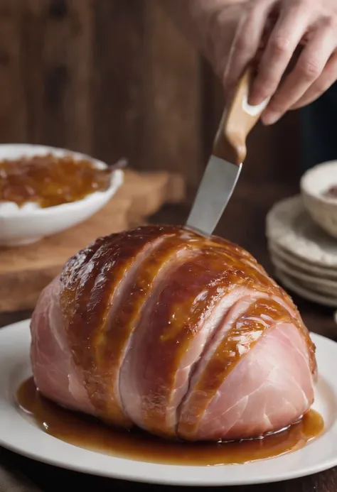 a dynamic shot of a person effortlessly applying the honey glaze onto the ham, using a basting brush. The glaze should be dripping from the brush, showcasing its delicious and flavorful consistency