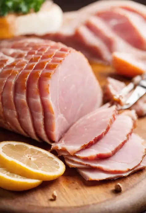 a detail shot of a sliced piece of ham, showcasing its tender and juicy texture. The slice should be topped with a generous amount of honey glaze, emphasizing its glossy appearance and mouthwatering appeal