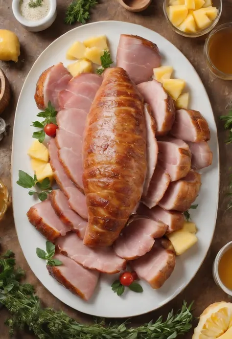 an overhead shot of the ham placed on a beautifully decorated serving platter. The platter should be adorned with fresh herbs, pineapple slices, and a bowl of honey glaze, creating an inviting and appetizing scene