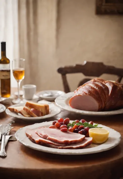 a wide-angle shot of a beautifully set dinner table, with the ham serving as the centerpiece. The honey glaze should be visible, as well as accompanying side dishes and a bottle of Dijon mustard, adding to the visual appeal of the scene