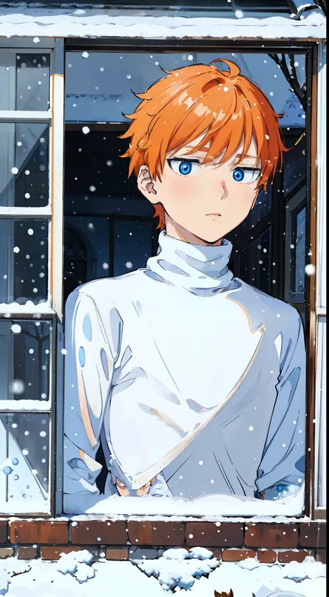 (1boy,teen,18 years old), orange hair, blue eyes,(((white sweater,turtleneck))),(((,snowing,from outside window,scornful eyes)))