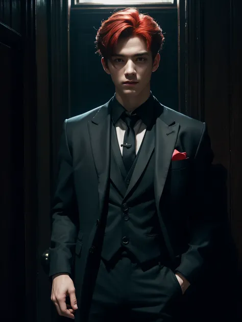 1boy, solo, handsome boy with red hair, black eyes, dark natural light, stand outside horror mansion, black suit