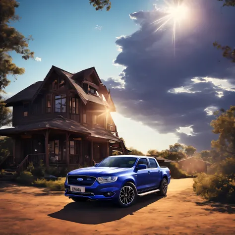 A wooden dusty home in the left side , an enter to a blackhole with light in its rings , blue purple the with stars in the sky ,a ford ute car dusted, detailed dust arranged.