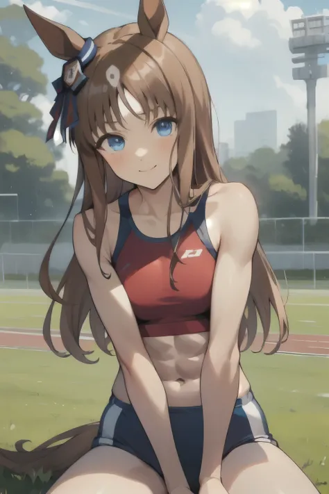 grass wonder(umamusume), ((ultra-detailed face)), cute face, masterpiece, best quality, muscular, abs, rikujou, horse tail, smile, athletics track, sports bra, hand between legs, closed mouth