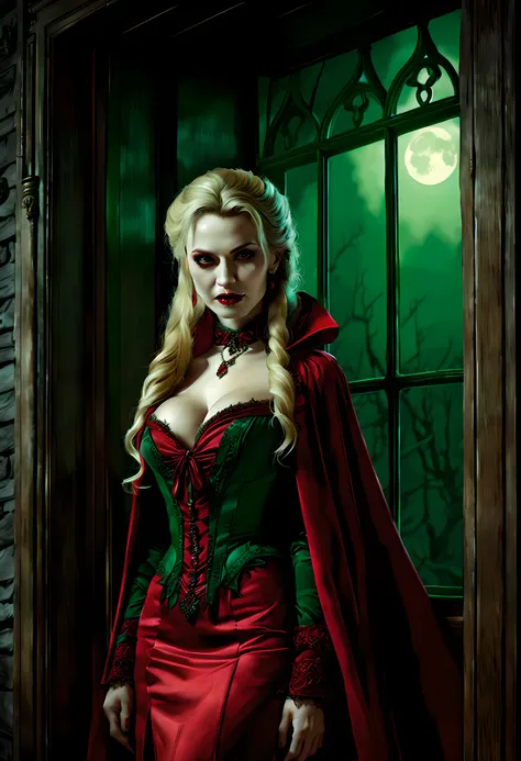 a picture of vampire standing in the front of her home, an exquisite beautiful female vampire in her front door of her home, full body (ultra detailed, Masterpiece, best quality), ultra detailed face (ultra detailed, Masterpiece, best quality), grey skin: ...