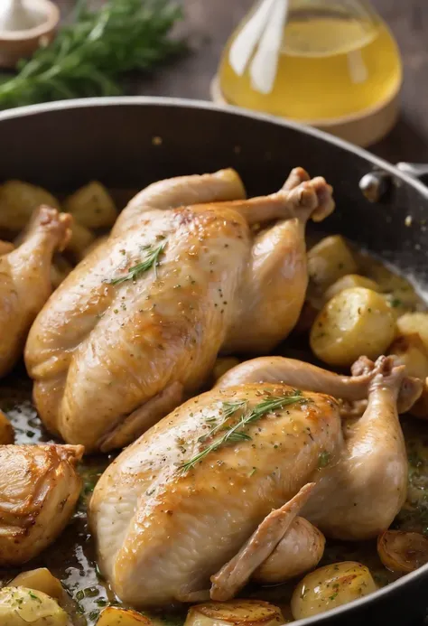 a dynamic shot of the chicken being basted with the garlic and herb butter, with droplets of the butter falling from the basting brush. The butter should be rich and fragrant, enticing the viewer with its aroma