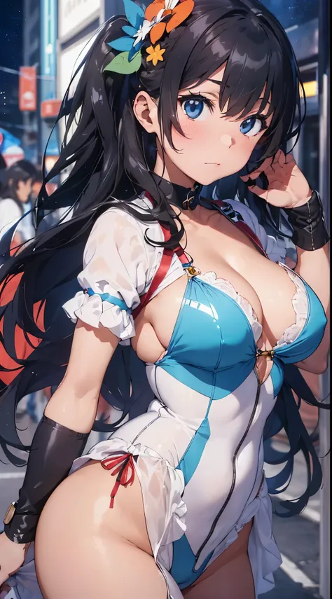 1womanl,Black hair,12year old ,((Impatient expression)),Beautiful breasts,(((Sexy magical girl white and blue shiny high-leg bodysuit)))(())(((Blushing cheeks、Surprised look)),(((Satin Narico))),((( portlate))),we have blue eyelashes)))()Street,Crowds(magi...