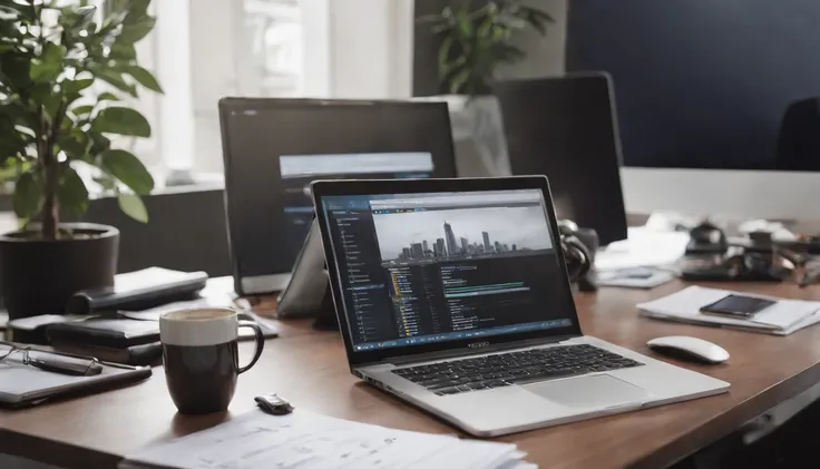 an overhead shot of the computer placed on a sleek desk, with a cluttered background featuring financial documents, charts, and a cup of coffee. The documents and charts should be strategically placed around the computer, symbolizing the importance of fina...