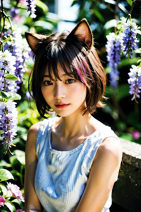 1girl in, Solo, Cute girl with pink hair, Pink eyes, Wisteria flower background, Soft natural light, Cat ears, Sleeveless white shirt