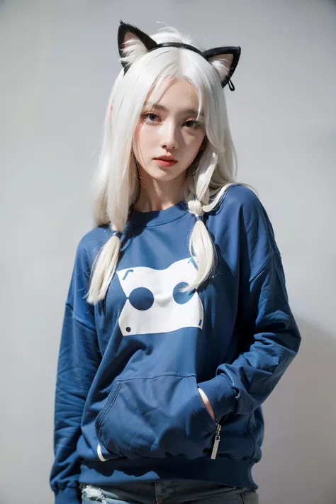 Girl with white hair and cat ears wearing a blue sweatshirt。Girls are anime characters