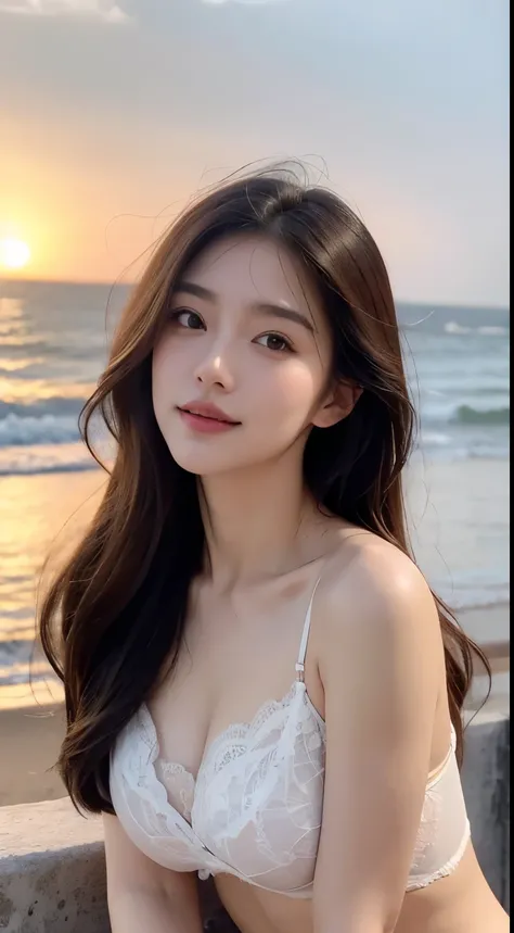 A beautiful and lovely 24-year-old girl，Highest image quality，Beautiful graphics，dingdall effect，largeeyes，long eyelasher，White lace bra，There are collarbones，cabelos preto e longos，Perfect facial features，Clear face，Delicate lips，ssmile，the setting sun，Be...