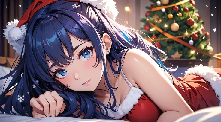 top-quality、Top image quality、​masterpiece、teens girl((santa style short skirt、santa style tank top、sixteen years old、 Ager、Best Bust、big bast,wide open breasts、Beautiful light blue eyerest, multicolored hair、A slender,Large valleys、dye ones cheeks red、Red...