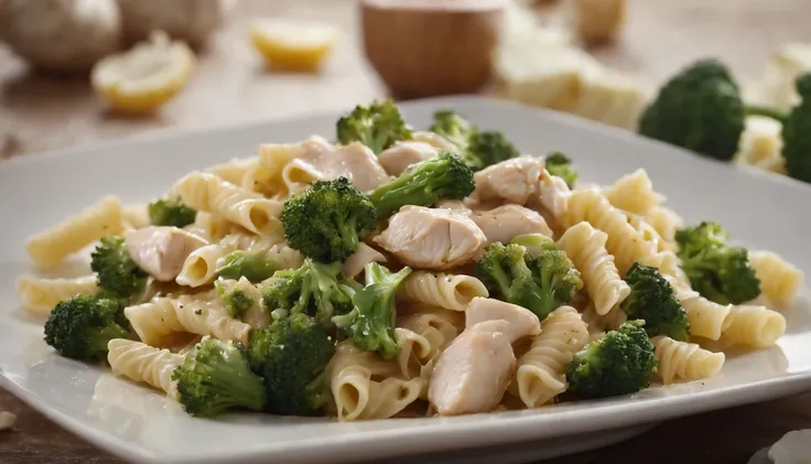 An artistic representation of Italian pasta with chicken and broccoli, arranged in a visually appealing and balanced composition, with each component shining through in color and presentation, creating an aesthetically pleasing and appetizing image