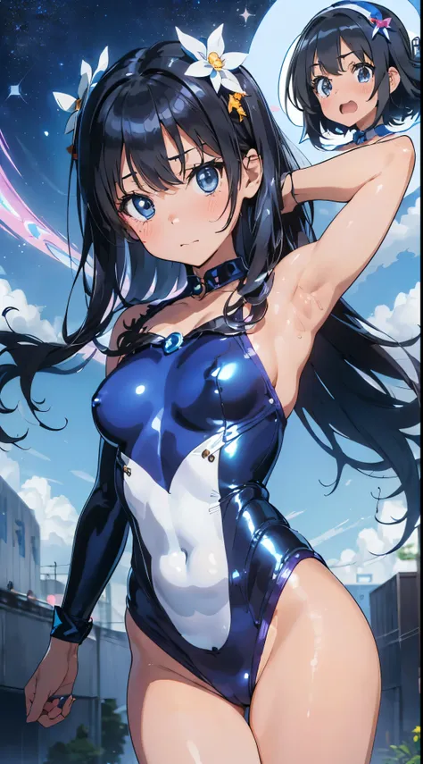 1womanl,Black hair,12year old ,((Impatient expression)),Beautiful breasts,(((Sexy magical girl white and blue shiny high-leg bodysuit)))(())(((Blushing cheeks、Surprised look)),(((Satin Narico))),((( portlate))),we have blue eyelashes)))()Street,Crowds(magi...