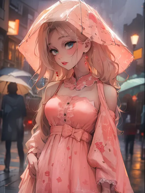 ((best quality, 8k, peach dress, standing in the rain, red light district, highly detailed face and skin texture, detailed eyes