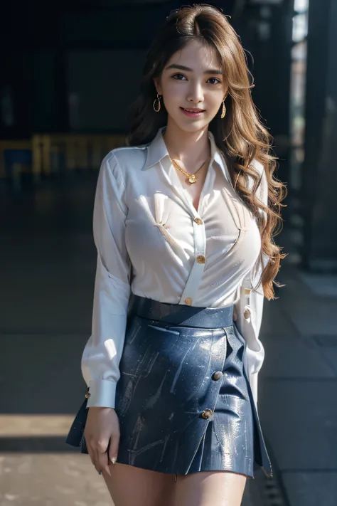 ((Beautiful girl in Japan:1.3)) ((white collared button blouse＿blue wrap skirt:1.4)) ((pantyshot:1.5)) ((On the platform of the station)),((Gold necklace＿Large earrings:1.3)) ((brown super long hair:1.2))((loose and wavy hair:1.3))((Thin_fabric:1.4)) ((Ran...