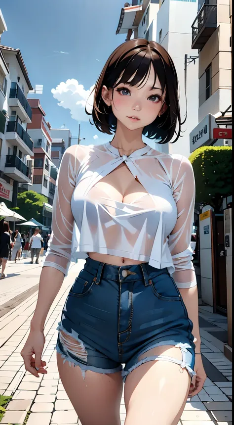 An around 50 Asian woman wearing a white top and denim shorts walks down the street, wearing a cute top, smooth translucent white skin, Open V chest clothes, Beautiful Asian Girl, Wearing tight clothes, Open Shirt, Photorealistic perfect body, beautiful up...