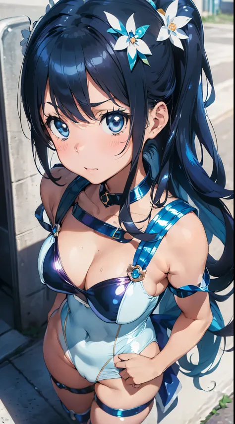 1womanl,Black hair,12year old ,((Impatient expression)),Beautiful breasts,(((Sexy magical girl white and blue shiny bodysuit)))(())(((Blushing cheeks、Surprised look)),(((Satin Narico))),((( portlate))),we have blue eyelashes)))()Street,Crowds(magical girl ...