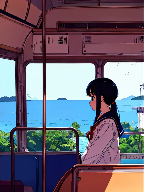 view from inside the bus、Girl in a sailor suit、profile、Looking out the window、Nostalgic、