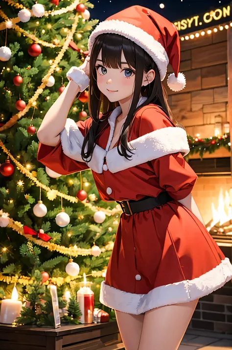 tomboy girl in santa suit in front of christmas tree at outdoor night