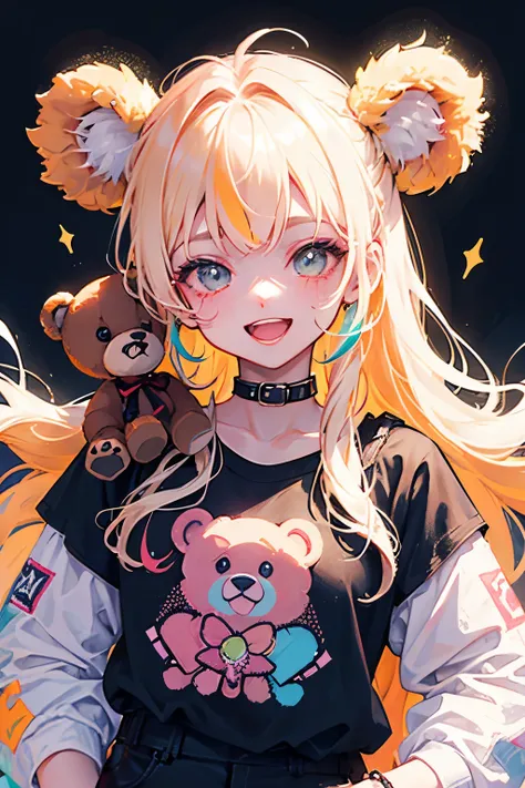 （illustratio：1.3）Teddy bear with girl smiling with open mouth,Painted with multicolored inks,Punk style,Innocent Teddy Bear,Radiant,Delicate,high-level image quality,Honey is dripping