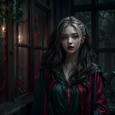 a picture of vampire standing in the front of her home, an exquisite beautiful female vampire in her front door of her home, full body (ultra detailed, Masterpiece, best quality), ultra detailed face (ultra detailed, Masterpiece, best quality), grey skin: ...