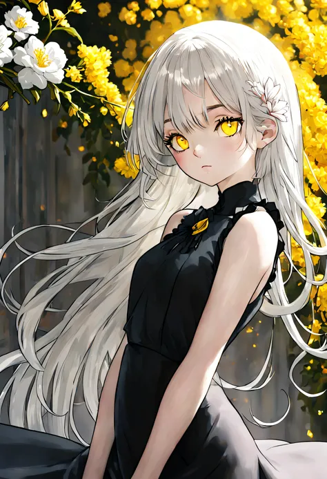 (best quality at best,a high resolution),gray-haired girl,yellow-eyed,black long dress,sportrait,gentlesoftlighting,vivd colour,...