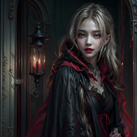 a picture of vampire standing in the front of her home, an exquisite beautiful female vampire in her front door of her home, ful...