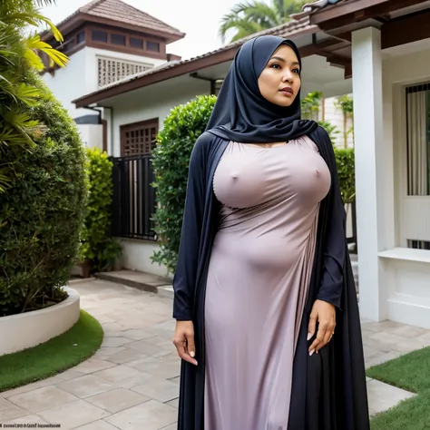 Wanda Hamidah, 56 years Old, Hijab Malaysian mature woman, Saggiest Largest Mature Tits : 86.9, Burqa, Tight Burqa, Perfect body, Breast about To burst out, at Front garden of the house, High light, at DayTime