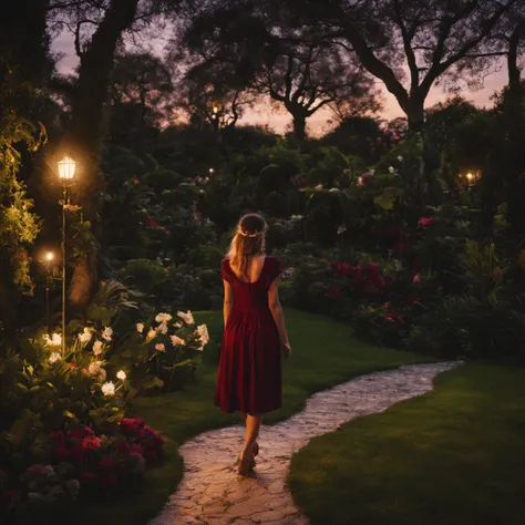 1 girl "Sarah Michelle Gelar with sunglasses and burgundy yellow dress", a view of a path with a path leading to a garden with trees and flowers, Jardim encantado, fantasy gorgeous lighting, paisagem natural noturna, enchanted magical fantasy forest, Wonde...